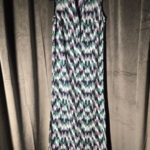 The Limited Sleeveless Geometric Maxi Dress in Teal, Navy, White